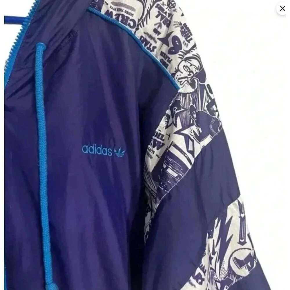 RARE Adidas XL Mens Graphic Hoodie Jacket In Purple & White Polyester With Draws